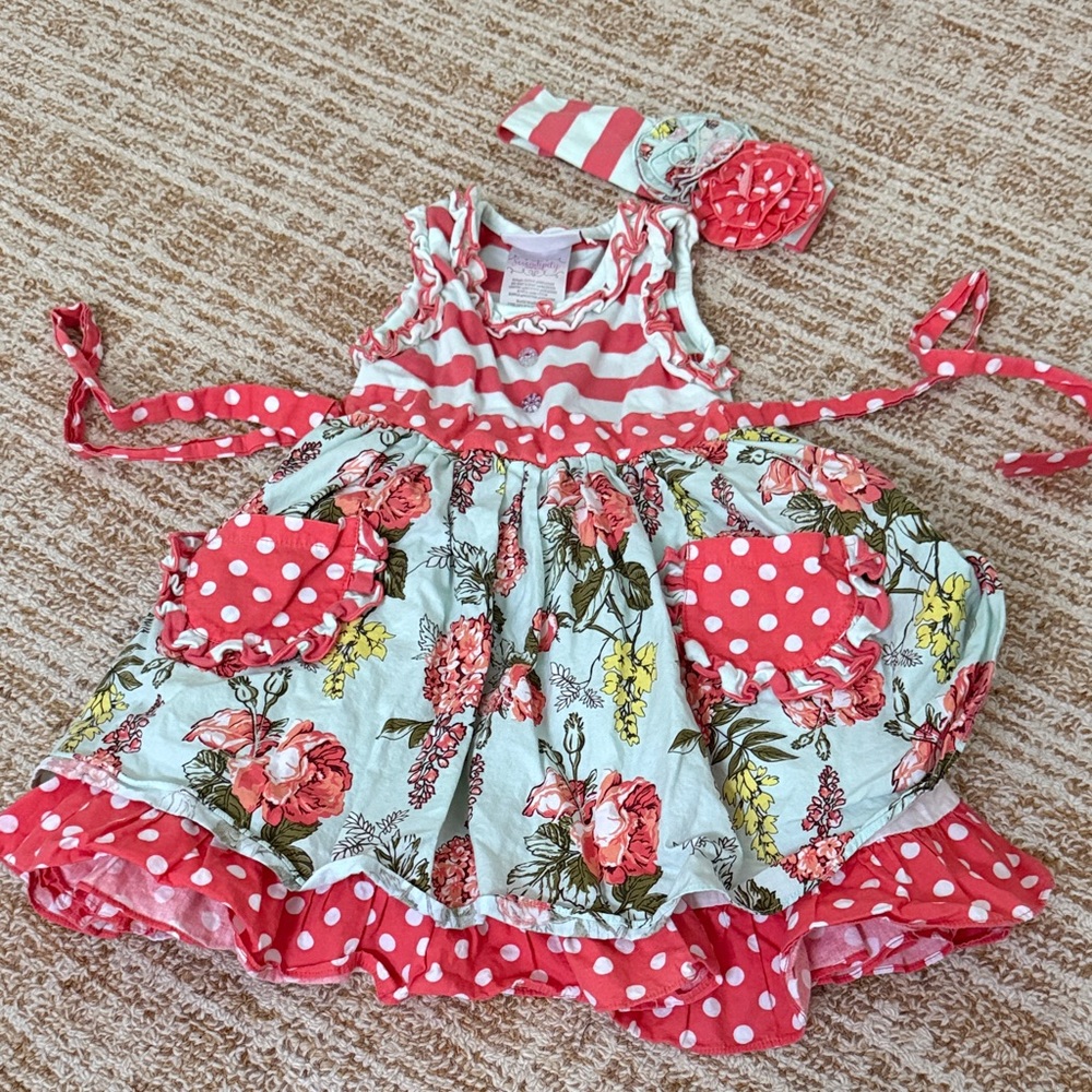Serendipity Clothing Co Girls Floral and Polka Dot Dress with Headband